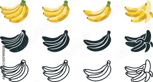 Banana Bunch Vector Icon Set Featuring Flat Color Illustrations, Solid Black Silhouettes, and Simple Outlines of Fresh Tropical Fruits