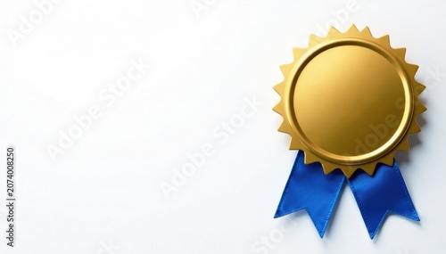 Blue ribbon tied around gold best price badge on white background, tie, elegance