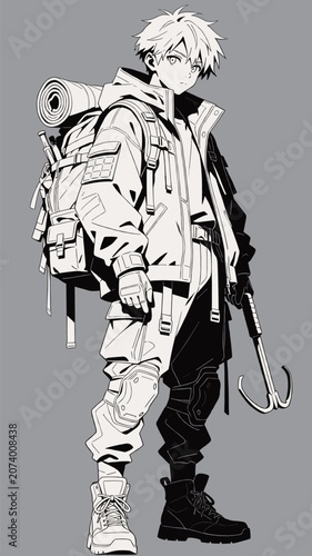 Anime Style Male Character with Backpack and Climbing Gear