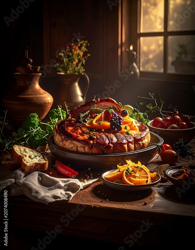 A rustic table laden with a delectable array of food