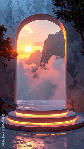A serene archway overlooking a sunset above clouds