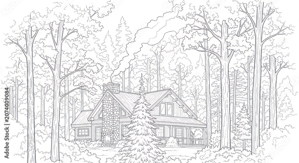 Obraz premium A detailed black-and-white line drawing of a cozy house surrounded by tall trees in a forest setting