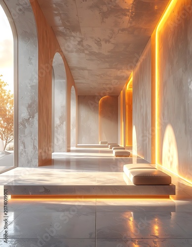 A serene corridor with stone benches and warm lighting