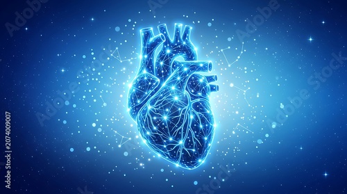 Glowing blue heart with constellation lines and stars on a dark blue background with a bright light effect
