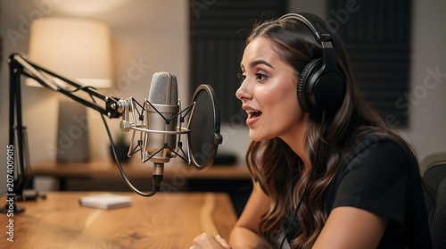 Young female podcaster speaking into a studio microphone with headphones at a cozy wooden desk, conveying professional digital content creation