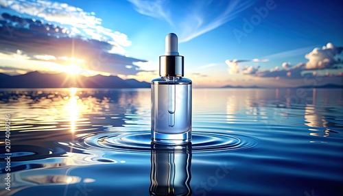 A serene dropper bottle on rippling water at sunset (52)