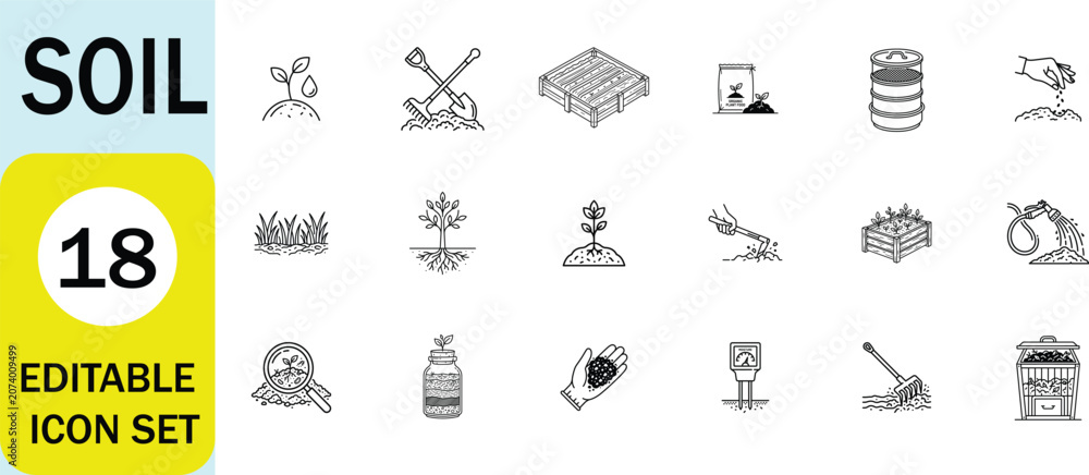Fototapeta premium Soil line style icon set, gardening, sprout, compost bin, soil test, fertilizer, watering, hand soil, garden bed, cultivation. Editable stroke. Vector illustration