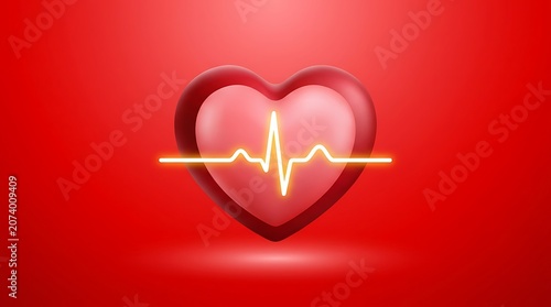 A glowing heart with an electrocardiogram line on a red background symbolizing health and wellness