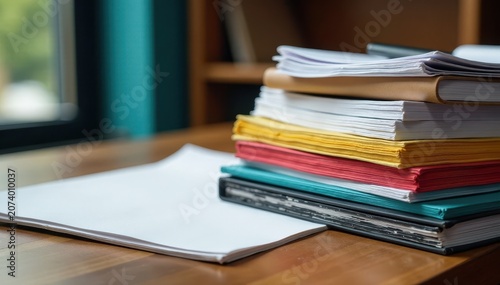 Colorful stack of government documents on a wooden desk, governance, law