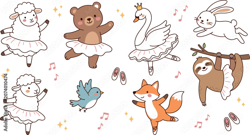 Fototapeta premium Cute Ballerina Animal Vector Set Featuring Cartoon Swan, Bear, Lamb, Fox, Sloth, and Rabbit Dancing in Tutus for Nursery Kids Graphic Designs