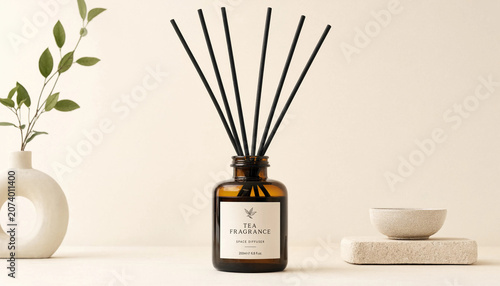 Tea fragrance space diffuser product photography, minimalist e-commerce style, solid light beige or rock tea colored background, reed diffuser in amber glass bottle