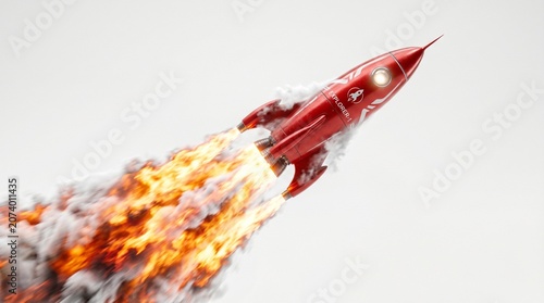 Red Rocket Launching into Space with Fire Effect Illustration