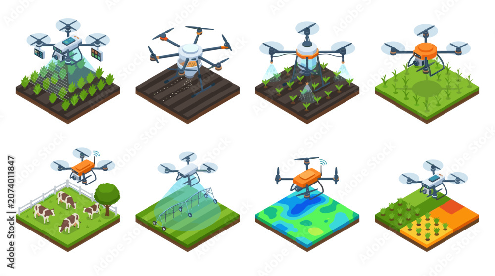 Fototapeta premium Agricultural Drones and Smart Farming Isometric Vector Set