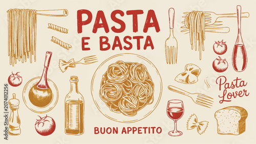 A hand-drawn illustration of a vibrant pasta service with various utensils and ingredients on a table