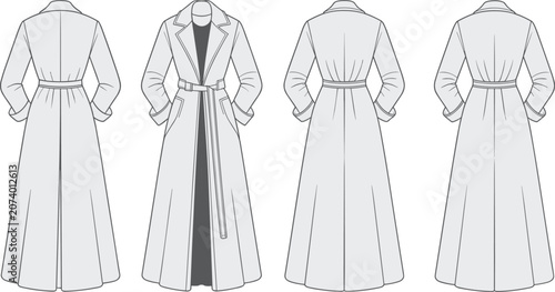 Cuadro en lienzo Women long trench coat fashion technical sketch vector template