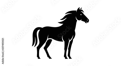 Elegant black horse silhouette standing side view with flowing mane and tail, isolated vector graphic on white background