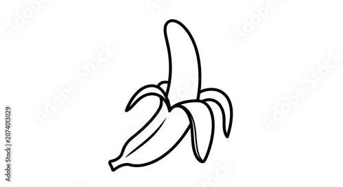 Simple black and white line art illustration of a partially peeled banana. Hand-drawn sketch of a ripe tropical fruit.