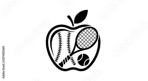 Stylized apple graphic featuring baseball and tennis equipment. Healthy lifestyle, sports and recreation vector illustration.