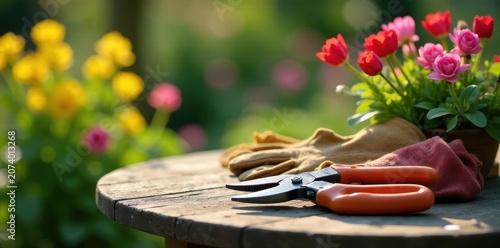 Gardening gloves with pruning shears on a terraced garden table amidst blooming spring flowers, gardening tools, blooms