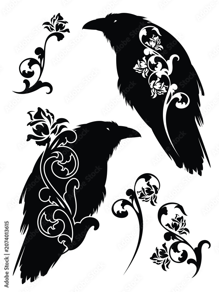 Fototapeta premium magic raven bird and rose flowers black and white vector silhouette design set for mystic and fantasy theme