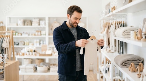 Young expectant father carefully choosing a white cotton baby onesie clothing piece inside a bright boutique store, conveying warm preparation journey