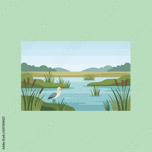 A peaceful heron stands by a calm lake in nature