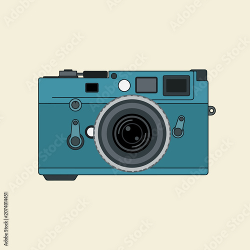 Fotografie A teal vintage rangefinder camera illustration on a cream background