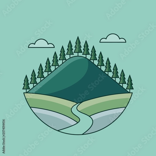 A flat vector illustration of a green mountain landscape