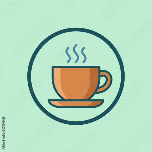 Minimalist vector icon of a hot coffee cup on a saucer