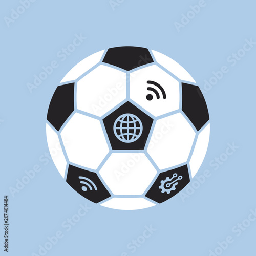 A soccer ball features digital icons on a light blue background
