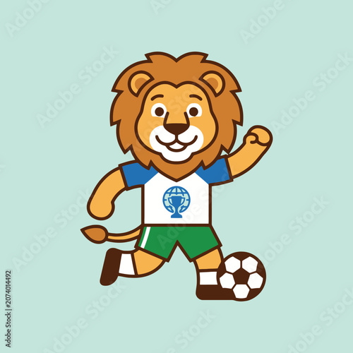 A friendly cartoon lion plays soccer on a light blue background