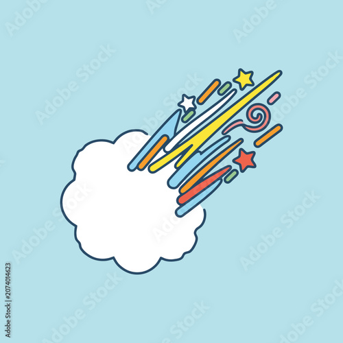 A colorful cartoon cloud with bright streaks and floating stars