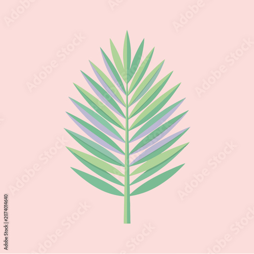 A single green palm leaf on a soft pink background