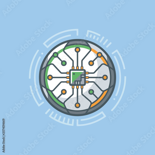 A circular microchip icon with digital circuit lines