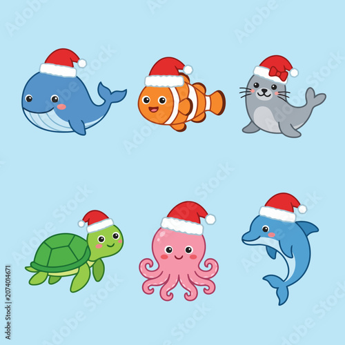 Cute cartoon sea animals wearing festive Christmas hats for holidays