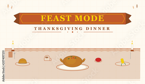 Feast Mode Thanksgiving Dinner Banner with Roasted Turkey Candlesticks and Autumn Feast Table — Warm Holiday Vector Illustration