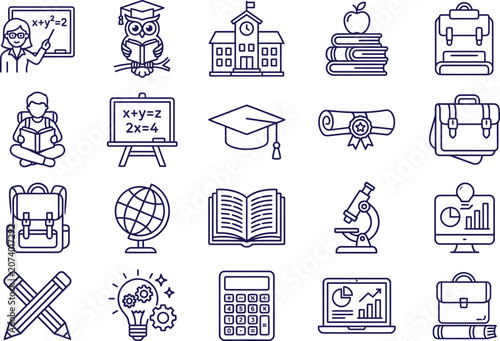 Billede på lærred A comprehensive collection of diverse school and academic related line art icons