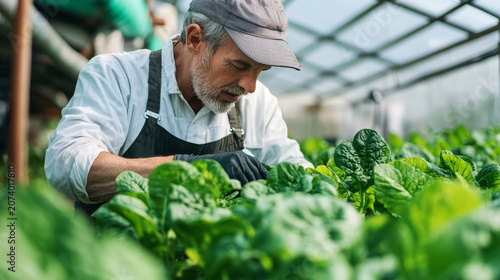 Senior Caucasian male farmer wearing an apron and cap, inspecting organic green spinach in a modern greenhouse