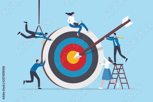 Team mission to achieve target or business goal, teamwork help or support for team objective, effort to make success outcome together, business people employee help build target arrow hit bullseye.