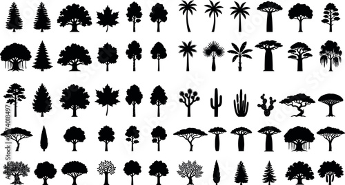 Foto Mega Tree Silhouette Vector Set Featuring Diverse Botanical Species Including Pi