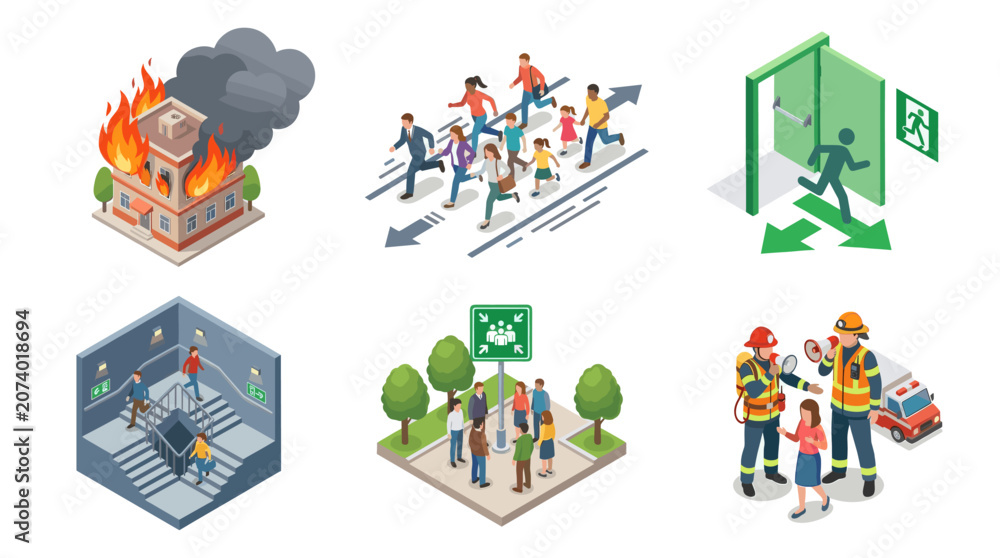 Fototapeta premium Emergency Evacuation and Fire Safety Isometric Vector Set
