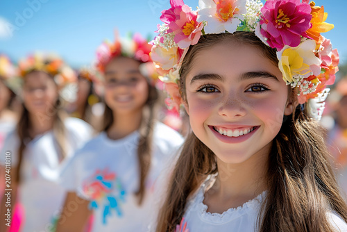 Close up portrait of a happy young Hispanic girl wearing a colorful floral crown at a sunny outdoor festival