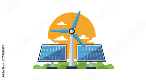 Solar panels and wind turbine.