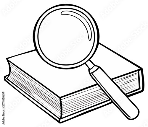 Magnifying glass over an open book, symbolizing research, study, and discovery in a simple line drawing.