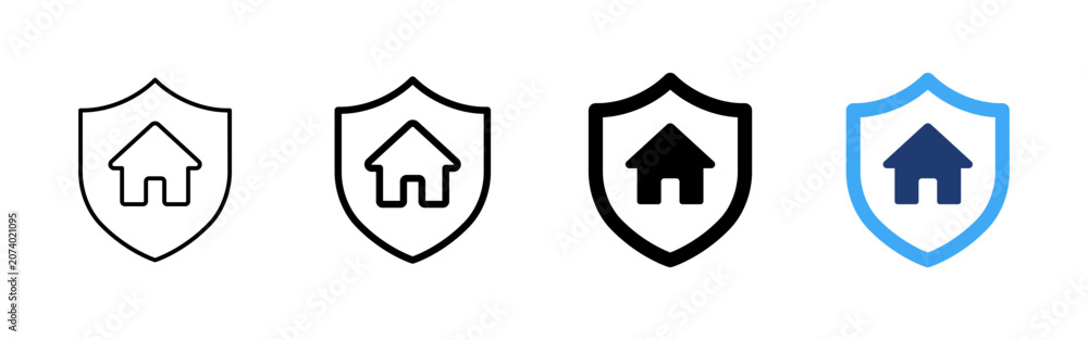 Fototapeta premium Home insurance icon. House shield symbol. Simple pictogram for property protection, residential safety, real estate insurance, secure housing and home security service.