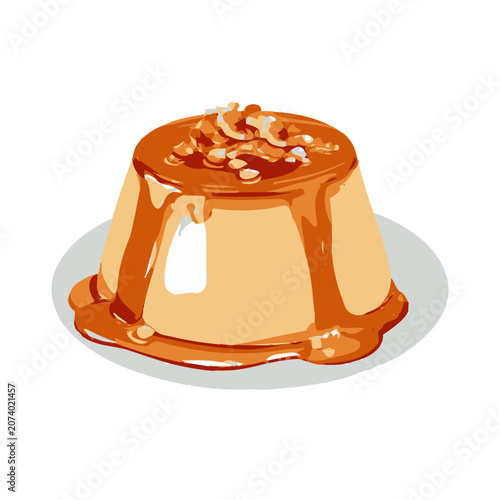 Flat illustration of flan dessert with caramel and nuts