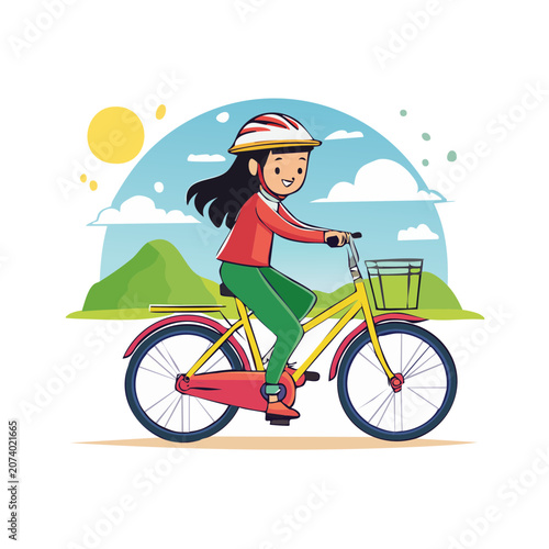 Girl riding a bicycle in a scenic outdoor illustration