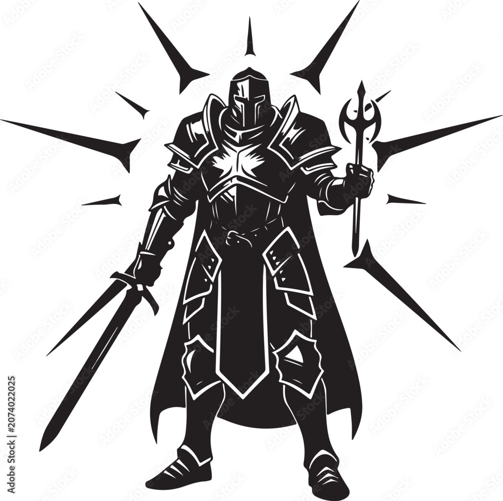 Fototapeta premium black knight warrior with sword and trident vector illustration, Generative Ai