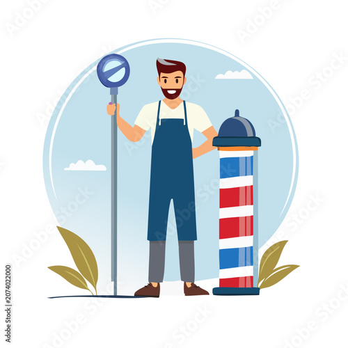 Barber holding open sign with barber pole illustration
