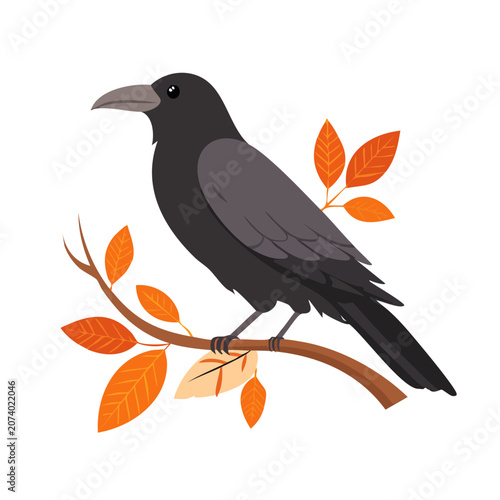 Black Crow Perched on Branch with Autumn Leaves